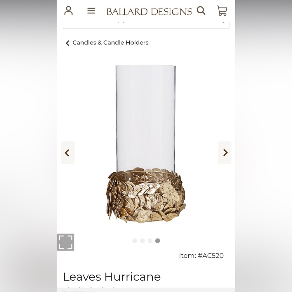 Ballard Designs Gold Leaves Glass Hurricane Candle Holder